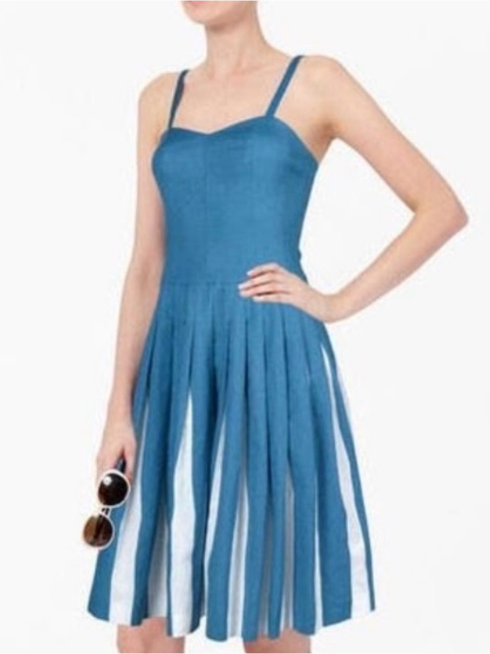 Boden Matilda Blue & White Pleated Linen Cotton Midi Dress Size M